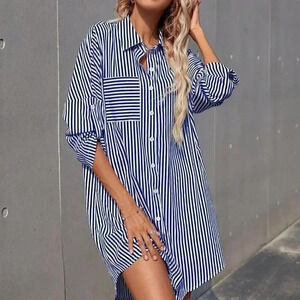 Navy Blue Casual Women's Striped Rolled Sleeve Shirt Dress